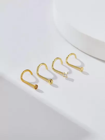 4pcs/set Rhinestone Decor Nose Stud Stainless Steel Popular Piercing Body Jewelry Gift For Women & Men