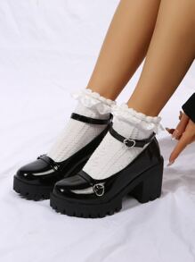 Elegant Ankle Strap Pumps Women Buckle Decor Platform Chunky Heeled Pumps - Black - View 1