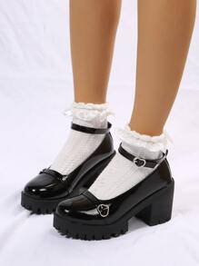 Elegant Ankle Strap Pumps Women Buckle Decor Platform Chunky Heeled Pumps - Black - View 2