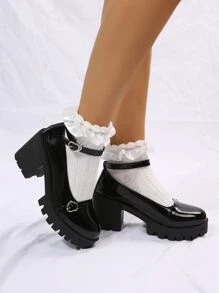 Elegant Ankle Strap Pumps Women Buckle Decor Platform Chunky Heeled Pumps - Black - View 3