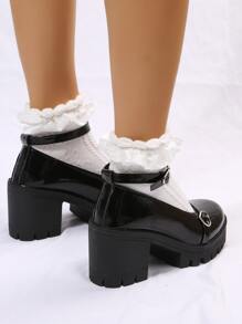Elegant Ankle Strap Pumps Women Buckle Decor Platform Chunky Heeled Pumps - Black - View 5