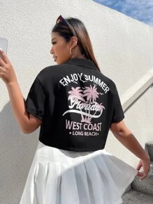 SHEIN EZwear 大碼字母和棕櫚樹印花落肩袖襯衫 - 黑色 - 查看 1