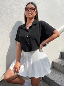 SHEIN EZwear 大碼字母和棕櫚樹印花落肩袖襯衫 - 黑色 - 查看 2