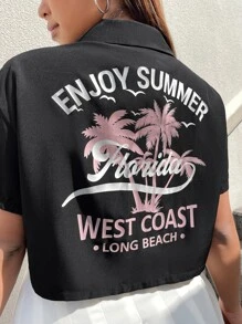 SHEIN EZwear 大碼字母和棕櫚樹印花落肩袖襯衫 - 黑色 - 查看 3