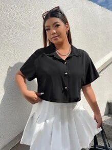 SHEIN EZwear 大碼字母和棕櫚樹印花落肩袖襯衫 - 黑色 - 查看 4