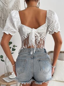 SHEIN Holidaya Square Neck Puff Sleeve Fringe Hem Tie Back Blouse - White - View 2