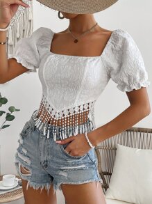 SHEIN Holidaya Square Neck Puff Sleeve Fringe Hem Tie Back Blouse - White - View 4