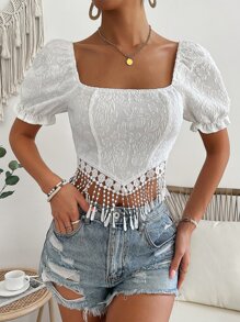 SHEIN Holidaya Square Neck Puff Sleeve Fringe Hem Tie Back Blouse - White - View 7