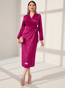 Modelyn Solid Wrap Knot Side Dress - Hot Pink - View 1