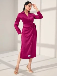 Modelyn Solid Wrap Knot Side Dress - Hot Pink - View 3
