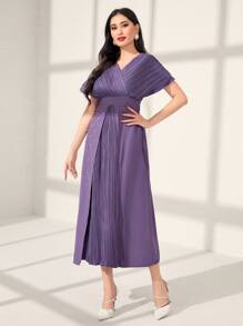 Seusyu 百褶細節蝙蝠袖圍裹洋裝 - 紫色 - 查看 1