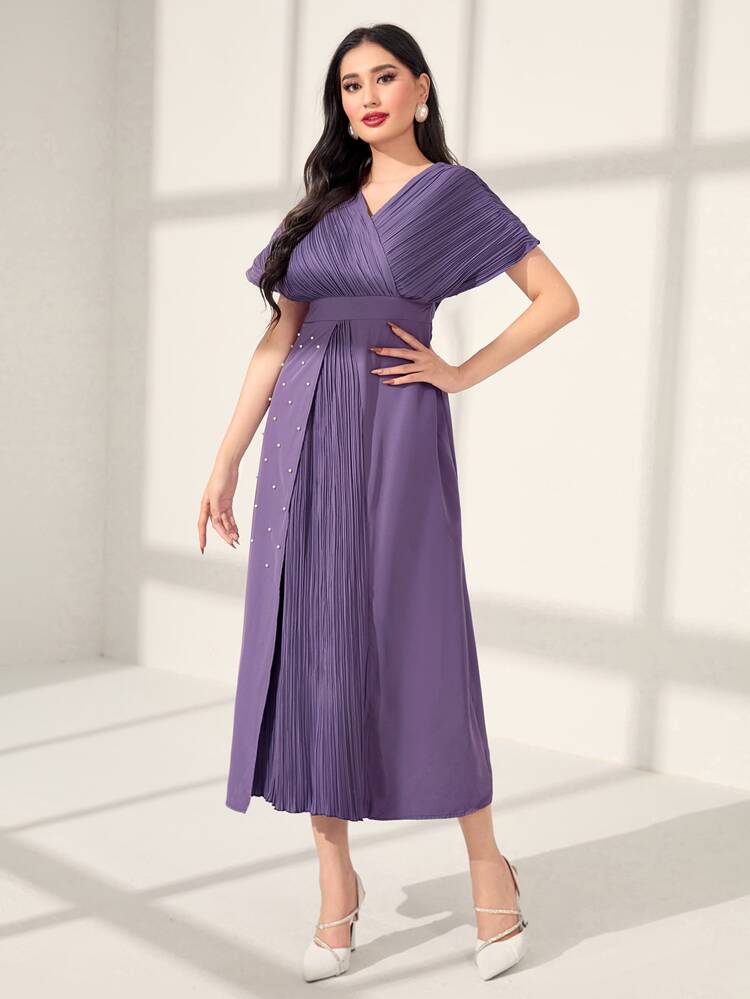 Pleated Detail Batwing Sleeve Wrap Hem Dress