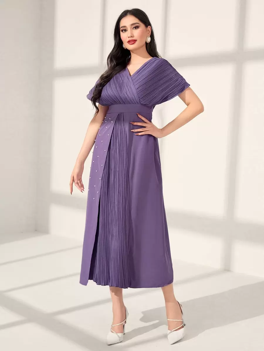 Seusyu 百褶細節蝙蝠袖圍裹洋裝 - 紫色 - 查看 1