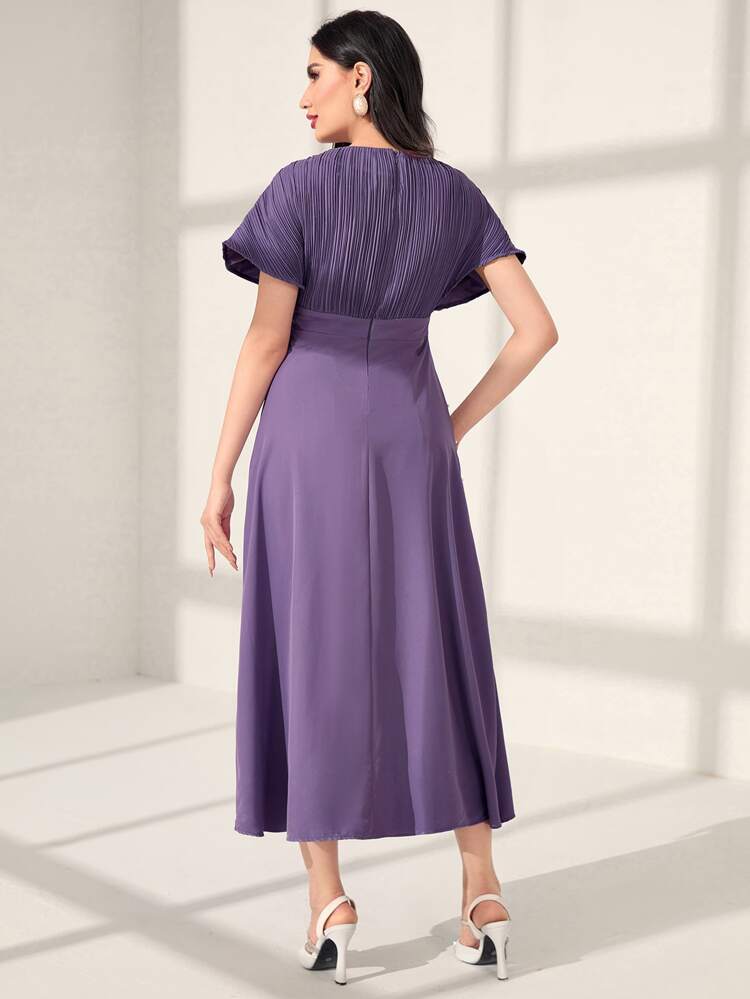 Pleated Detail Batwing Sleeve Wrap Hem Dress