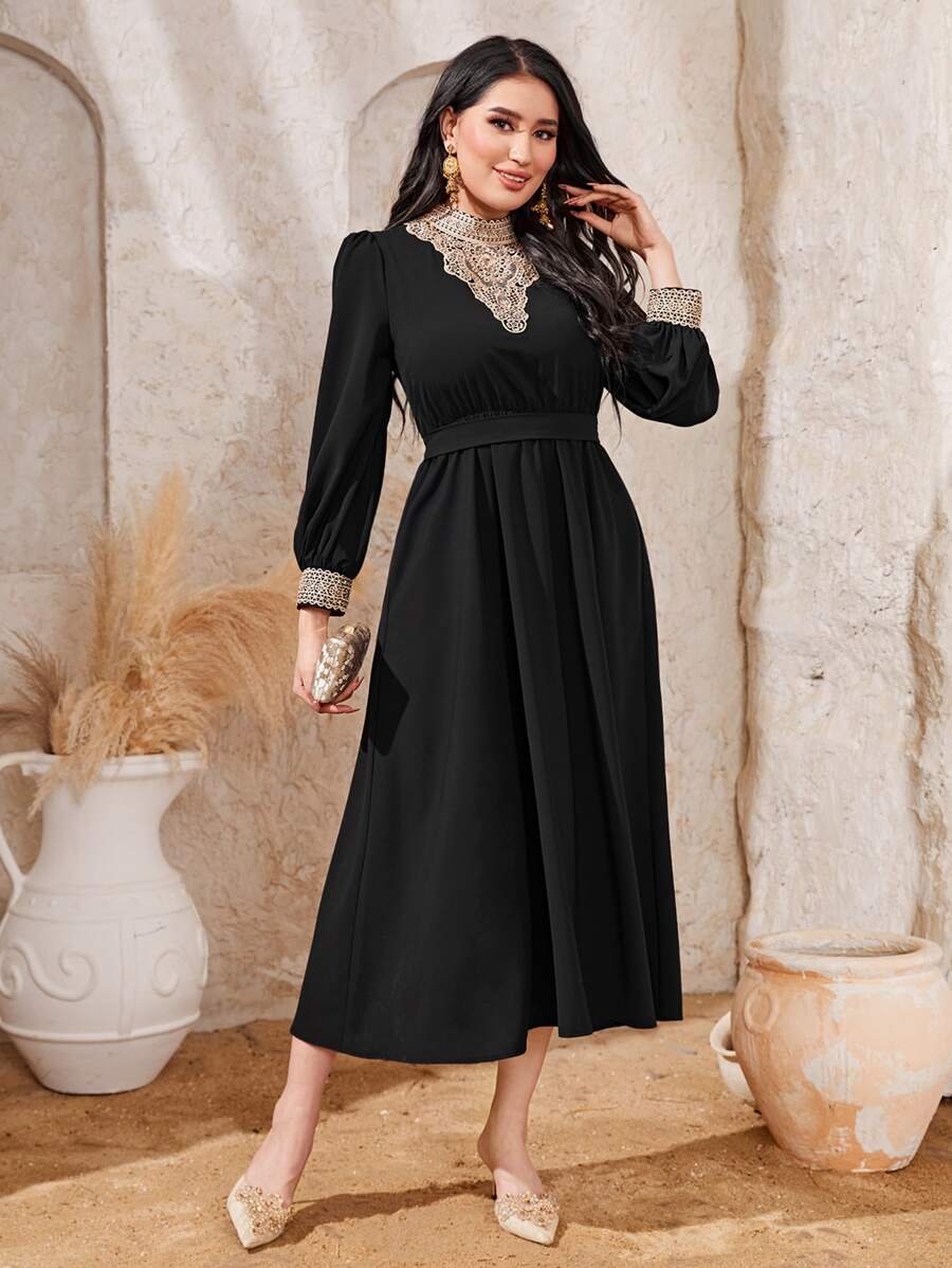 Al Najma Contrast Lace Zip Back Puff Sleeve Mock Neck A-line Dress - Black - View 1