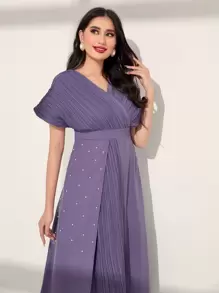 Seusyu 百褶細節蝙蝠袖圍裹洋裝 - 紫色 - 查看 3