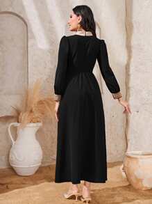 Al Najma Contrast Lace Zip Back Puff Sleeve Mock Neck A-line Dress - Black - View 2