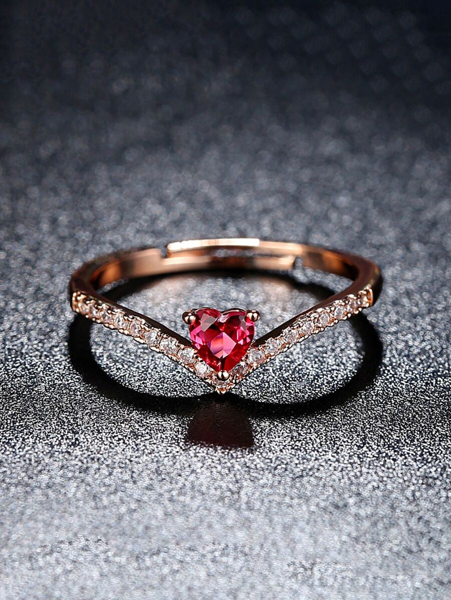 Cubic Zirconia Heart Decor Ring - Rose Gold - View 1