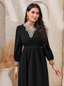Al Najma Contrast Lace Zip Back Puff Sleeve Mock Neck A-line Dress - Black - View 3