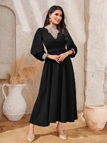 Al Najma Contrast Lace Zip Back Puff Sleeve Mock Neck A-line Dress - Black - View 4