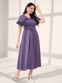 Seusyu 百褶細節蝙蝠袖圍裹洋裝 - 紫色 - 查看 6