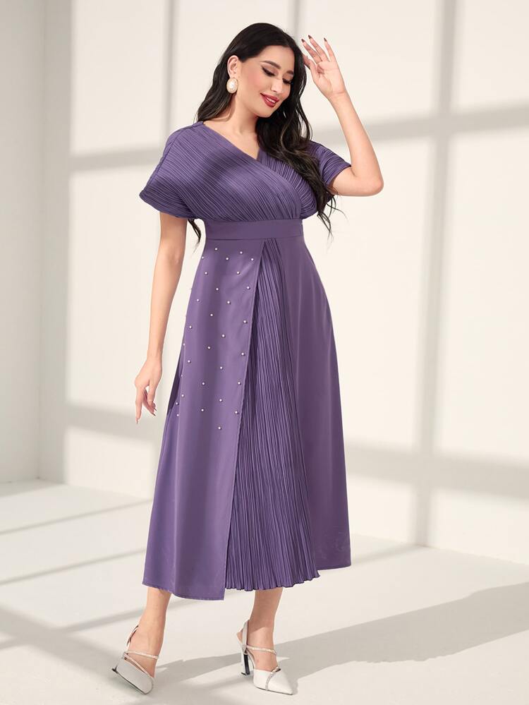 Pleated Detail Batwing Sleeve Wrap Hem Dress