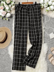 SHEIN LUNE Plus Plaid Print Straight Leg Belted Trousers - Black - View 1