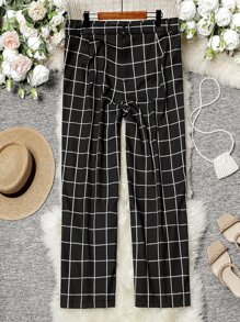 SHEIN LUNE Plus Plaid Print Straight Leg Belted Trousers - Black - View 2