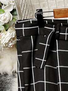 SHEIN LUNE Plus Plaid Print Straight Leg Belted Trousers - Black - View 3