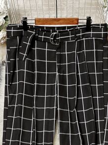 SHEIN LUNE Plus Plaid Print Straight Leg Belted Trousers - Black - View 6