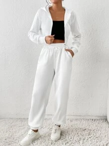 SHEIN EZwear 拉鏈開襟短款連帽衫和腰部抽繩斜口袋衛褲 - 白色 - 查看 3