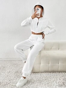 SHEIN EZwear 拉鏈開襟短款連帽衫和腰部抽繩斜口袋衛褲 - 白色 - 查看 4