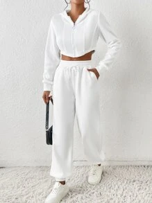 SHEIN EZwear 拉鏈開襟短款連帽衫和腰部抽繩斜口袋衛褲 - 白色 - 查看 1