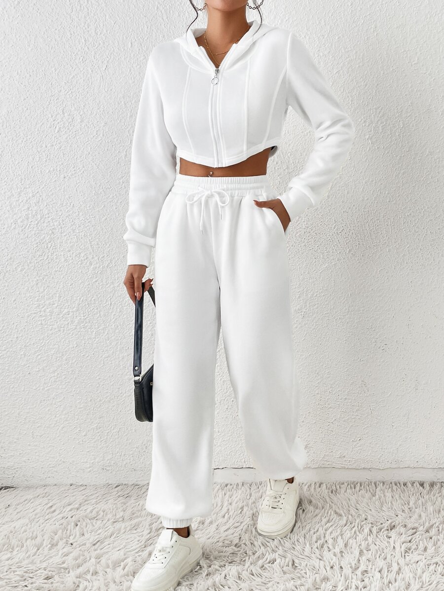 SHEIN EZwear 拉鏈開襟短款連帽衫和腰部抽繩斜口袋衛褲 - 白色 - 查看 1