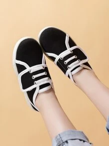 Boys Contrast Binding Design Lace-up Front Canvas Shoes - Black - View 3