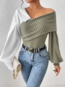SHEIN Essnce Colour Block Asymmetrical Neck Lantern Sleeve Top - Mint Green - View 1