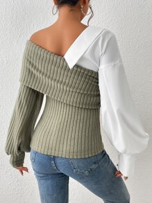 SHEIN Essnce Colour Block Asymmetrical Neck Lantern Sleeve Top - Mint Green - View 2