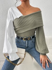 SHEIN Essnce Colour Block Asymmetrical Neck Lantern Sleeve Top - Mint Green - View 4