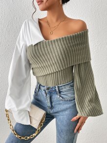 SHEIN Essnce Colour Block Asymmetrical Neck Lantern Sleeve Top - Mint Green - View 5