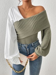 SHEIN Essnce Colour Block Asymmetrical Neck Lantern Sleeve Top - Mint Green - View 6