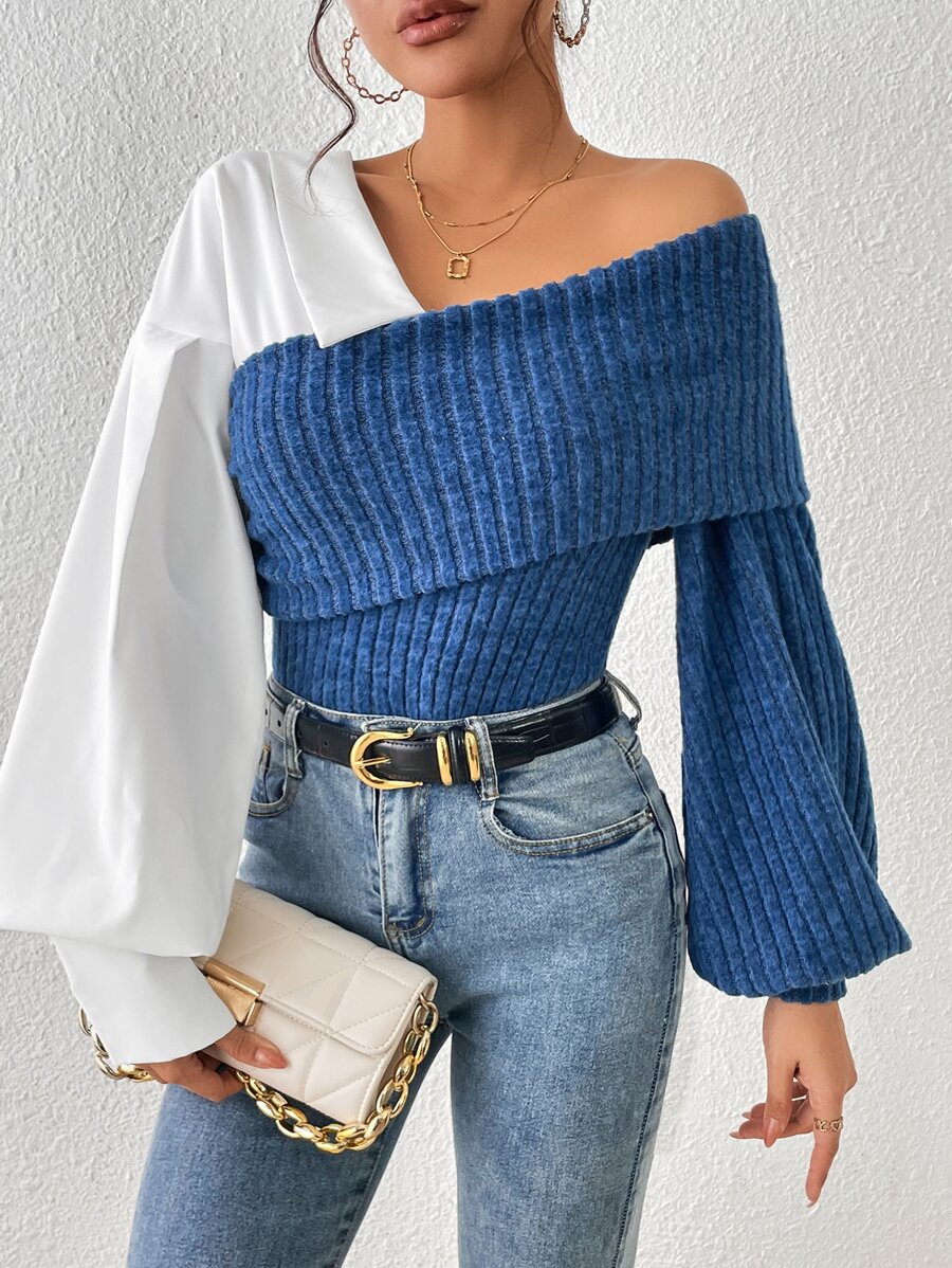 SHEIN Essnce Áo tay loe cổ lọ bất đối xứng màu khối màu, Áo nữ thường ngày bất đối xứng, Áo nữ bó tay Bishop cổ lọ bất đối xứng màu xanh và trắng khối màu, Mùa xuân/Thu, Trang phục thường ngày - Xanh và trắng - Xem 1