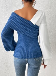 SHEIN Essnce Áo tay loe cổ lọ bất đối xứng màu khối màu, Áo nữ thường ngày bất đối xứng, Áo nữ bó tay Bishop cổ lọ bất đối xứng màu xanh và trắng khối màu, Mùa xuân/Thu, Trang phục thường ngày - Xanh và trắng - Xem 2