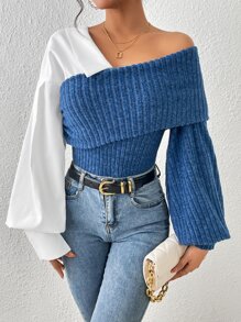 SHEIN Essnce Áo tay loe cổ lọ bất đối xứng màu khối màu, Áo nữ thường ngày bất đối xứng, Áo nữ bó tay Bishop cổ lọ bất đối xứng màu xanh và trắng khối màu, Mùa xuân/Thu, Trang phục thường ngày - Xanh và trắng - Xem 5