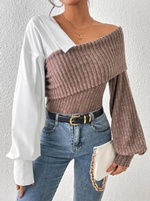 SHEIN Essnce 撞色不對稱領燈籠袖上衣