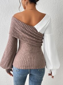 SHEIN Essnce 撞色不對稱領燈籠袖上衣