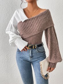 SHEIN Essnce 撞色不對稱領燈籠袖上衣