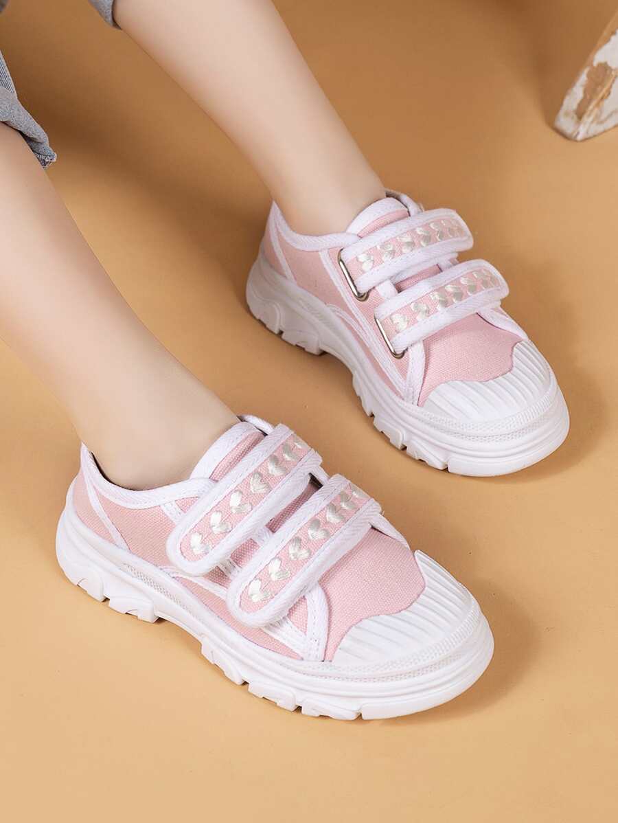 Girls Canvas Embroidery Detail Contrast Binding Skate Shoes - Pink - View 1