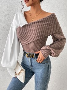 SHEIN Essnce 撞色不對稱領燈籠袖上衣