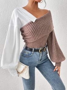 SHEIN Essnce 撞色不對稱領燈籠袖上衣