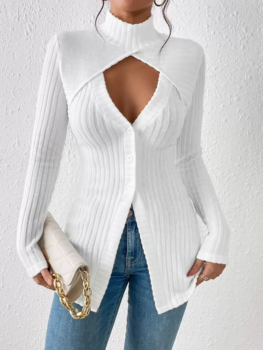 SHEIN Privé 小高領前鏤空紐扣細節條紋針織假兩入組T恤 - 白色 - 查看 1